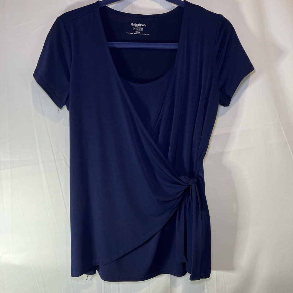 Motherhood‎ Maternity Nursing Medium Navy Top Stretch V Neck Knot Short Sleeve